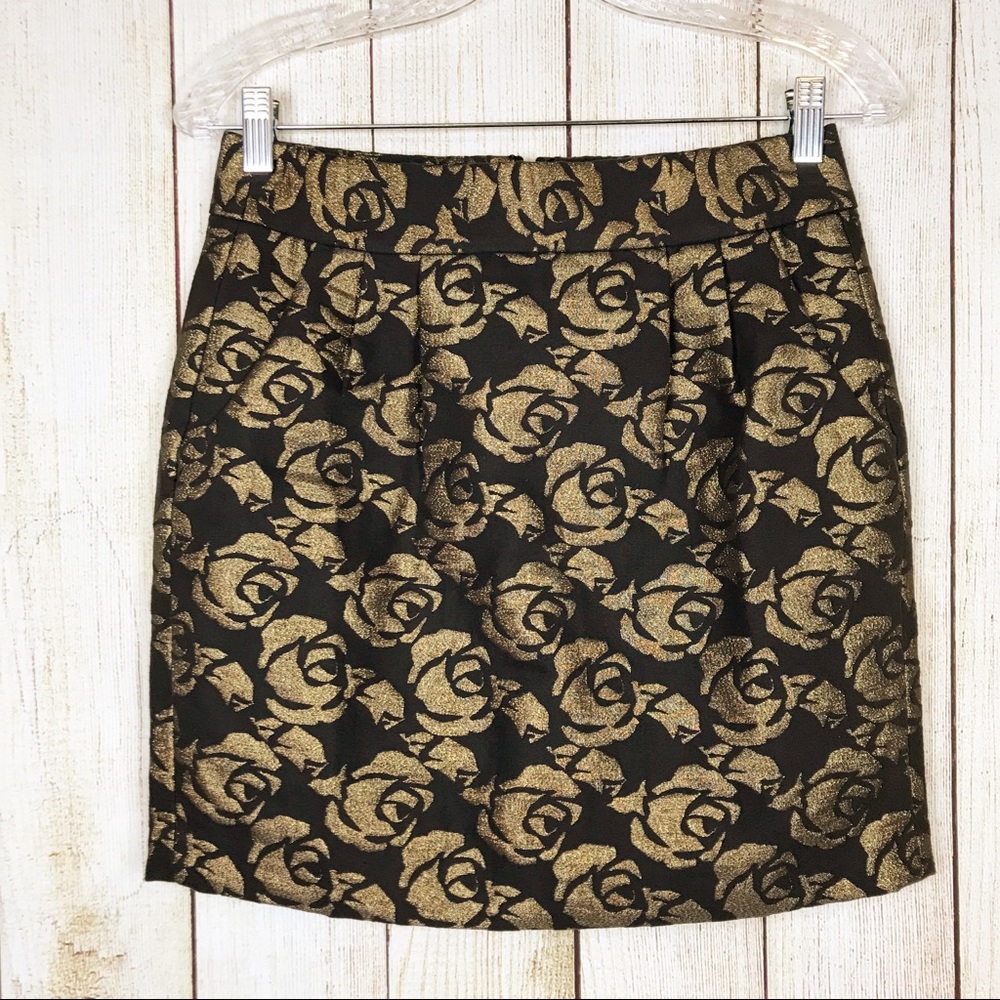 Loft Mini Skirt Metallic‎ Gold Rose Jacquard Floral Black 0 Holiday Party Luxe
